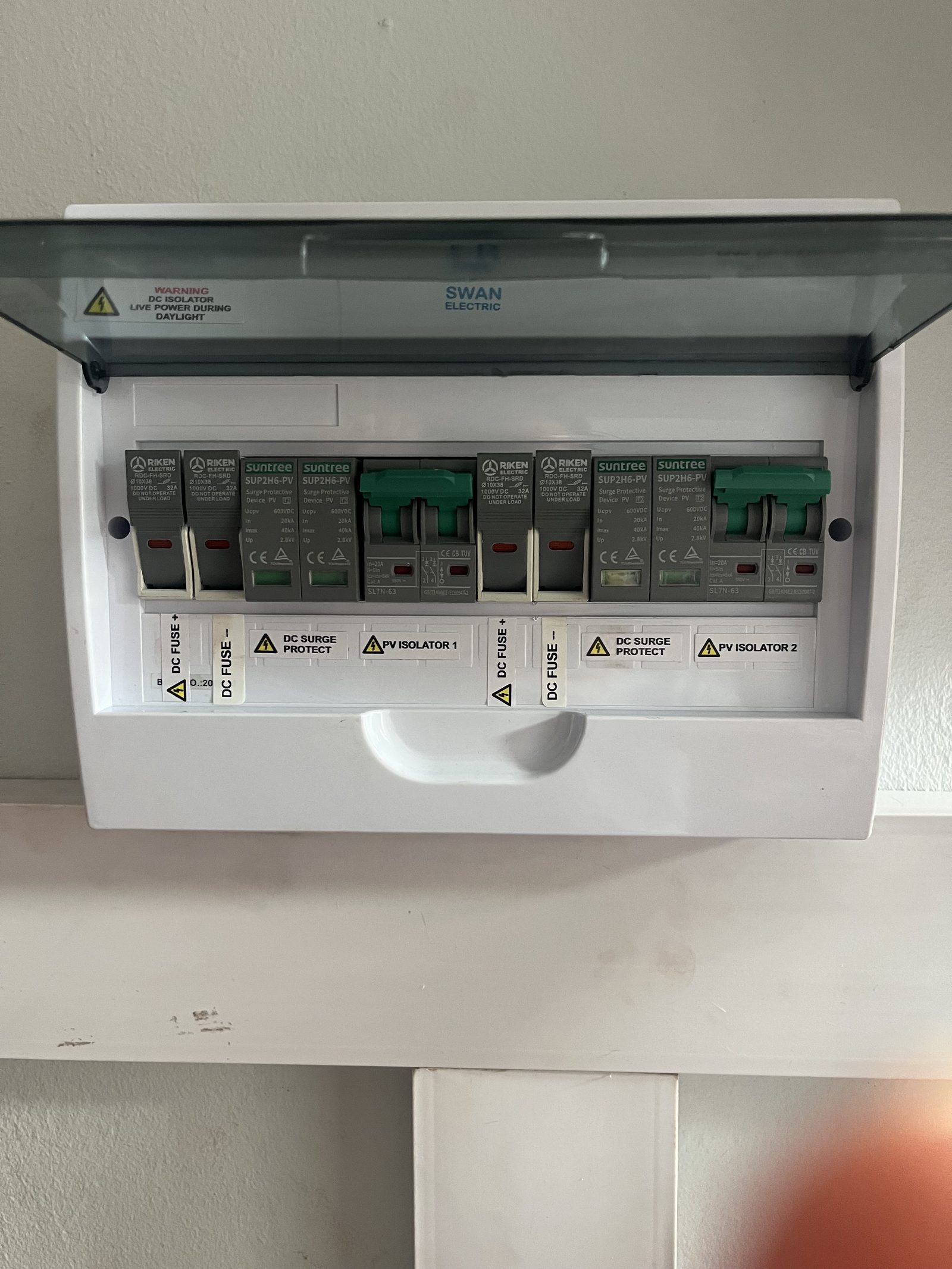 Swan DC combiner box with DC fuses, DC surge protection and PV isolators 1 and 2, all clearly labelled